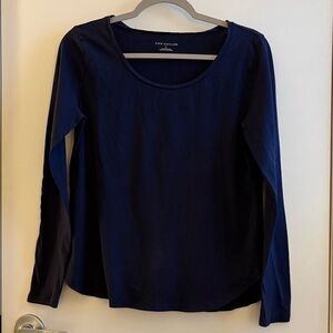 Ann Taylor Cotton Navy Preppy Scoop Neck Long Sleeve Top SZ L